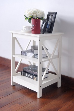 White Finish End Table with 3 Tier Shelf 