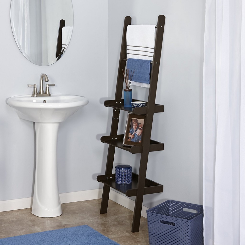 bathroom leaning ladder shelf with towel bar