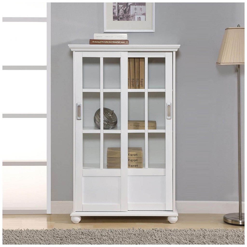 White Bookcase with Sliding Glass Doors