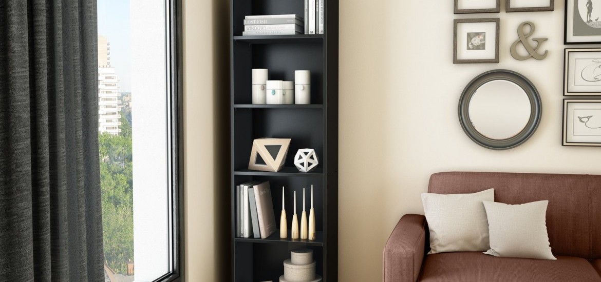 Black narrow bookshelf