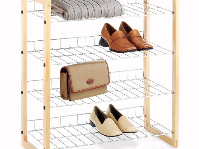 4 Tier Closet Wire Shelving with Natural Wood Frame