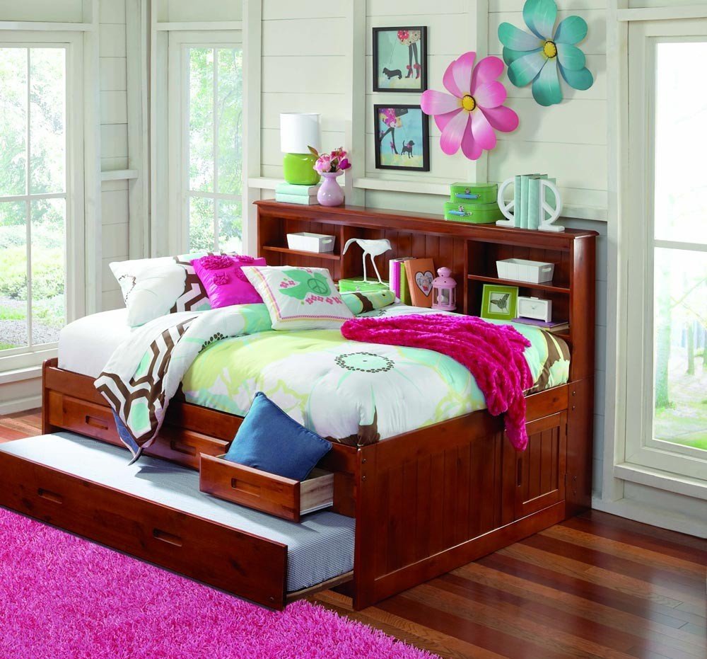  Full Bookcase Daybed with 3 Drawers and Twin Trundle, Merlot